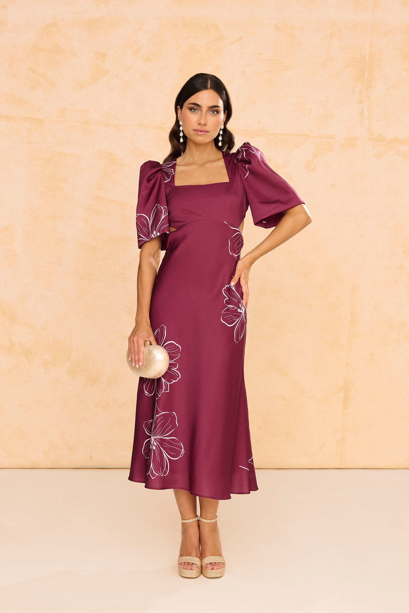 Vestido midi Pipa Estampado de crepé floral buganvilla, con mangas abullonadas y escote cuadrado, abertura espalda