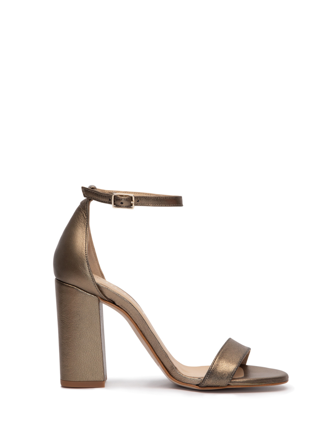 Sandalia evento fiesta Garbo piel bronce tacón ancho sin plataforma talón cubierto cierre en el tobillo tira