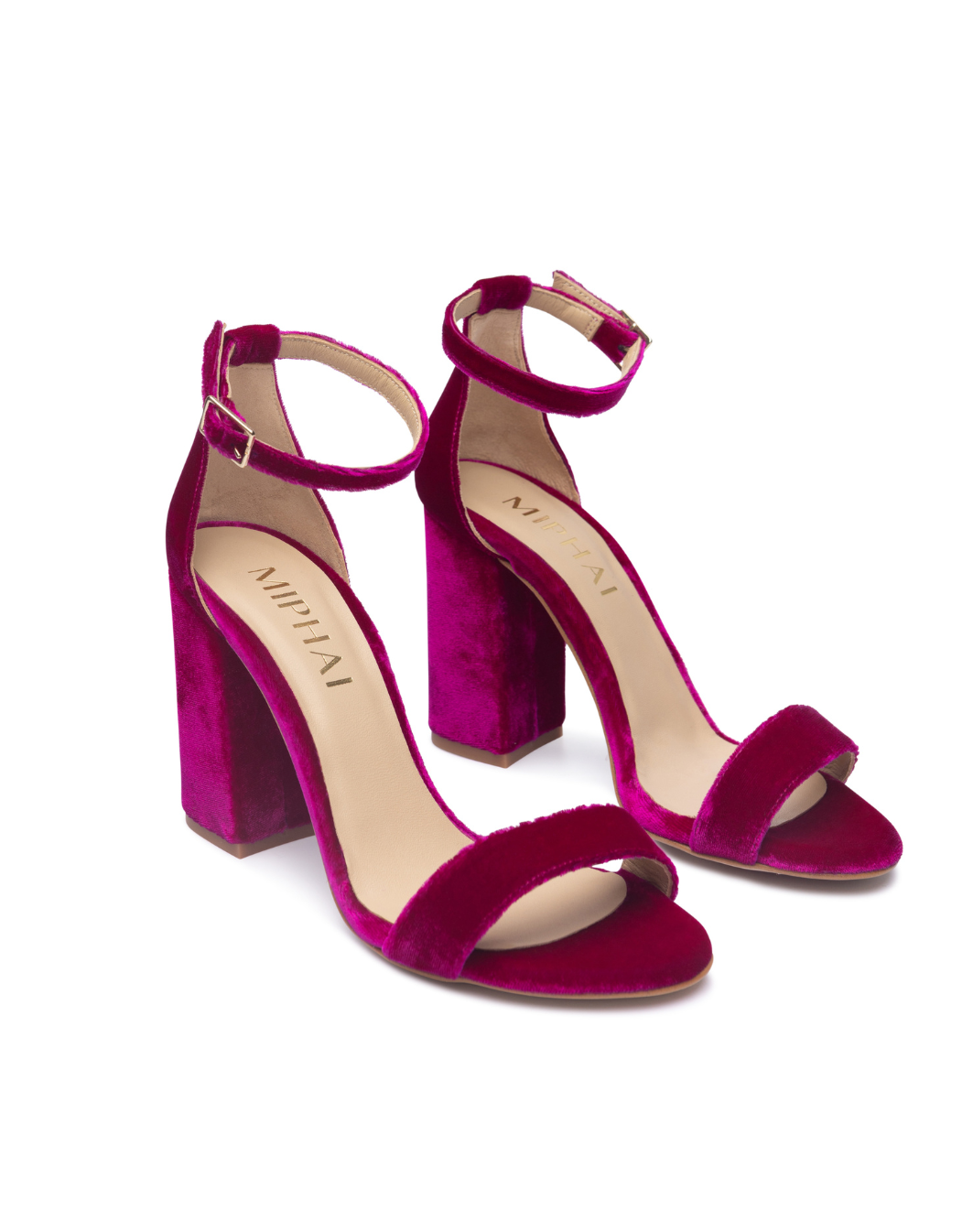 Sandalia evento fiesta Garbo terciopelo fucsia Velvet tacón ancho sin plataforma talón cubierto cierre en el tobillo tira