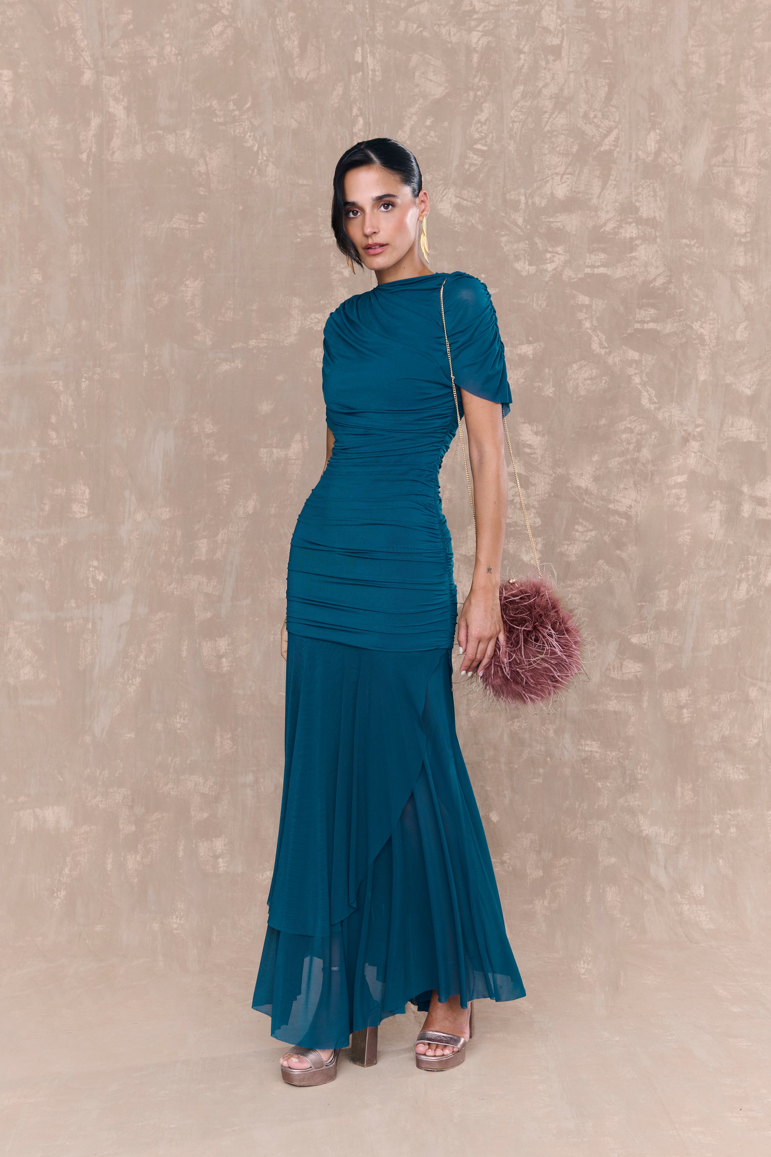 vestido invitada elegante margot azul petroleo