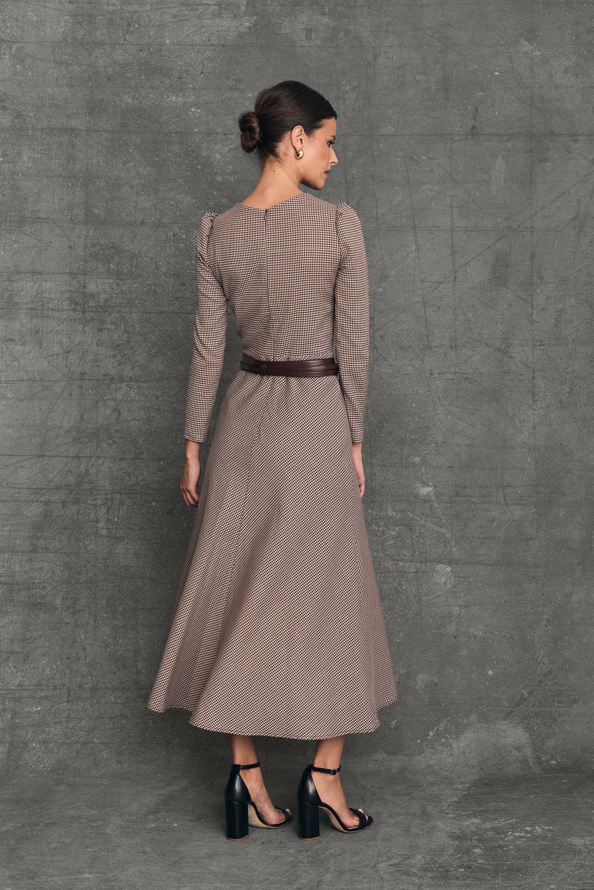 Vestido Midi Escote Cuadrado Traje Evento Oxford Vichy Marron Detalle Trasera
