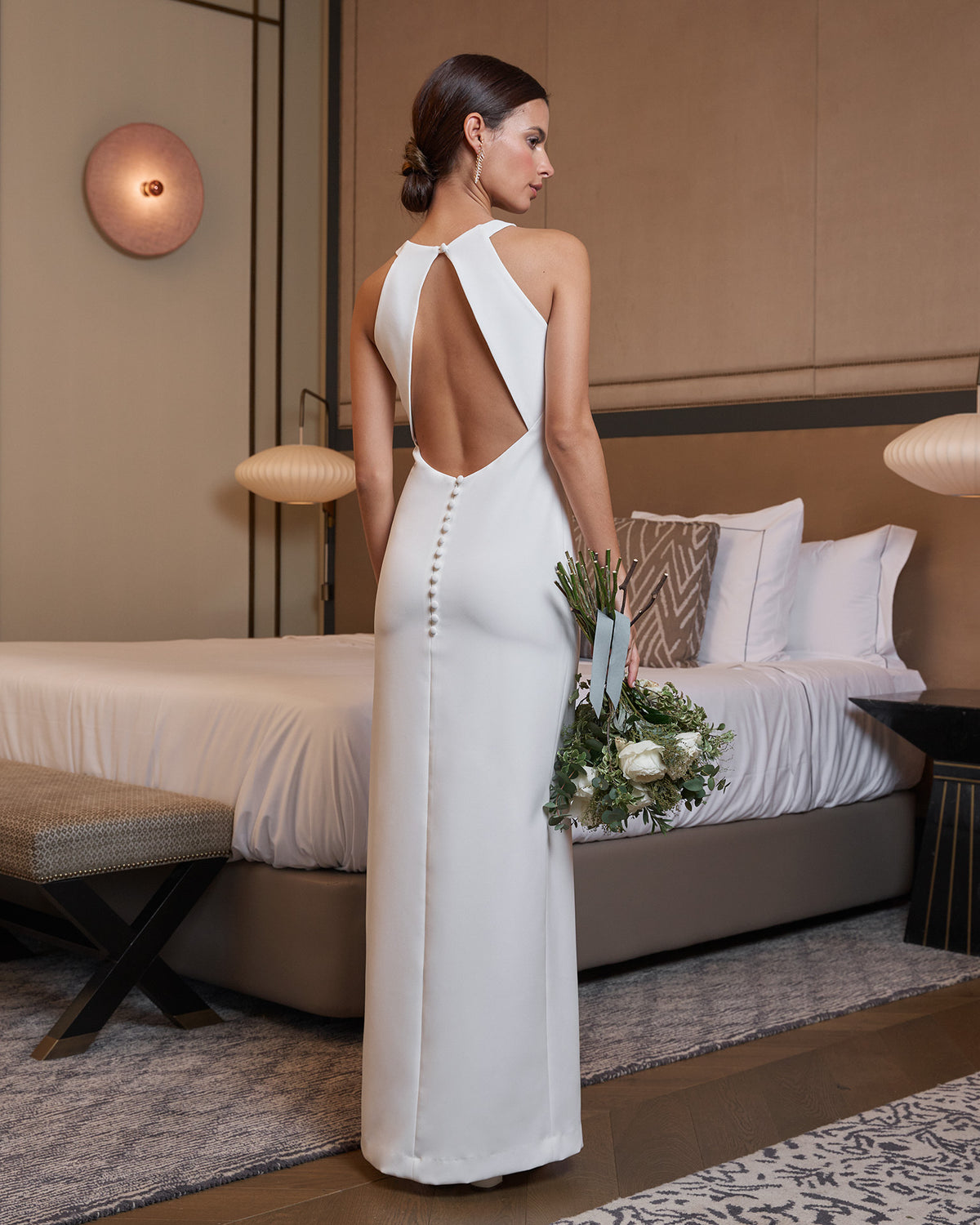 Vestido Novia Segundo Vestido Graduación megan Blanco largo espalda abierta abertura pierna cuello halter