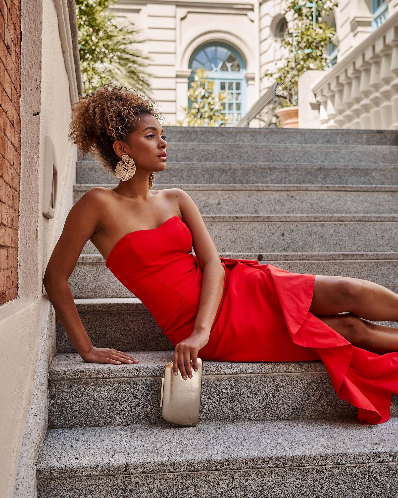 Vestido Macarena Rojo Largo Palabra de Honor con Volante 5