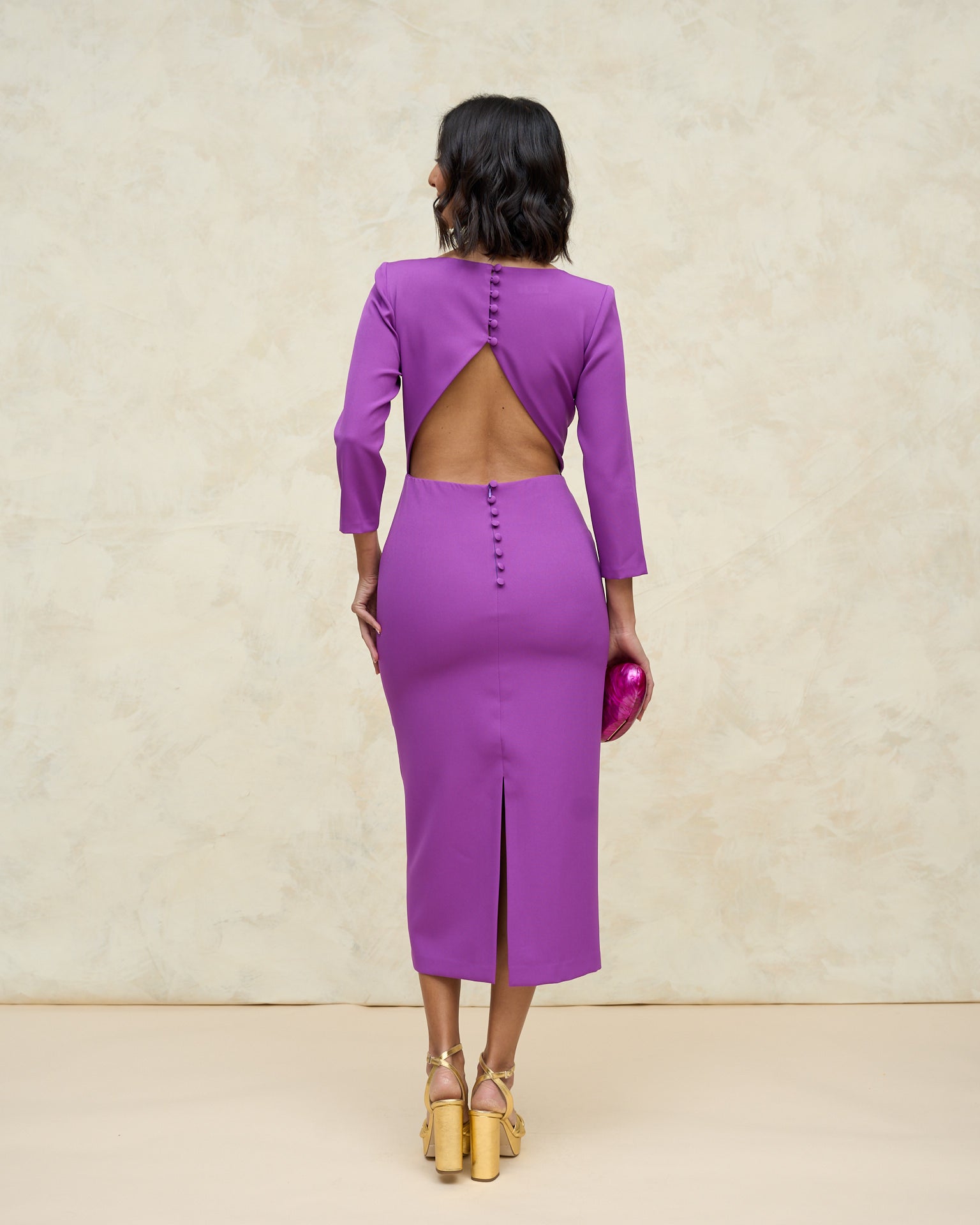 Vestido Marina Morado Midi Manga Larga Escote Pico Invitada Evento Miphai Espalda