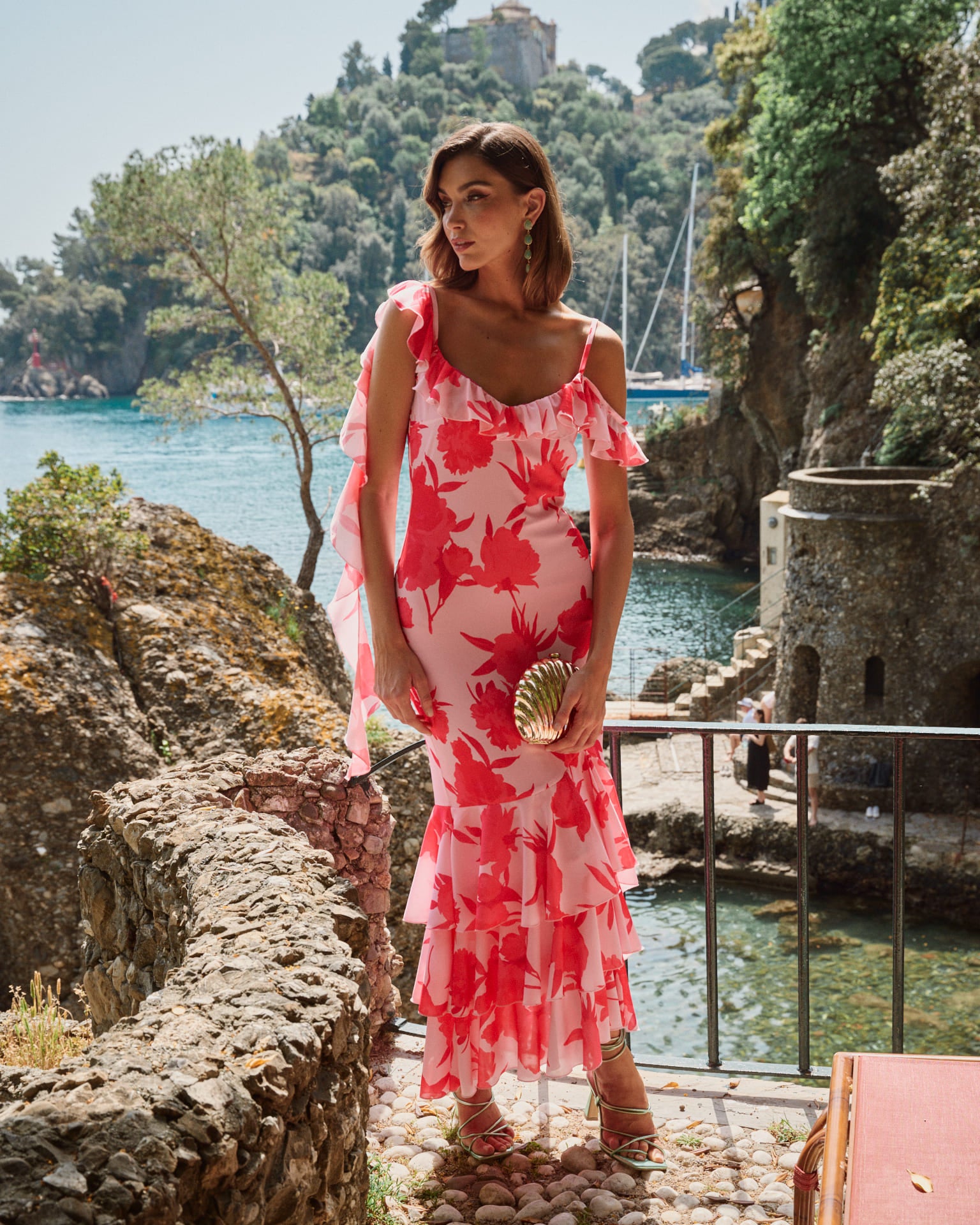 Vestido invitada Largo Hannah rosa Largo volantes tirantes y bajo