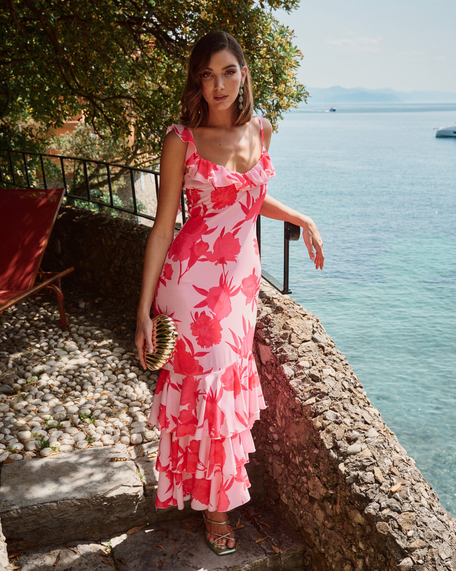 Vestido invitada Largo Hannah rosa Largo volantes tirantes y bajo