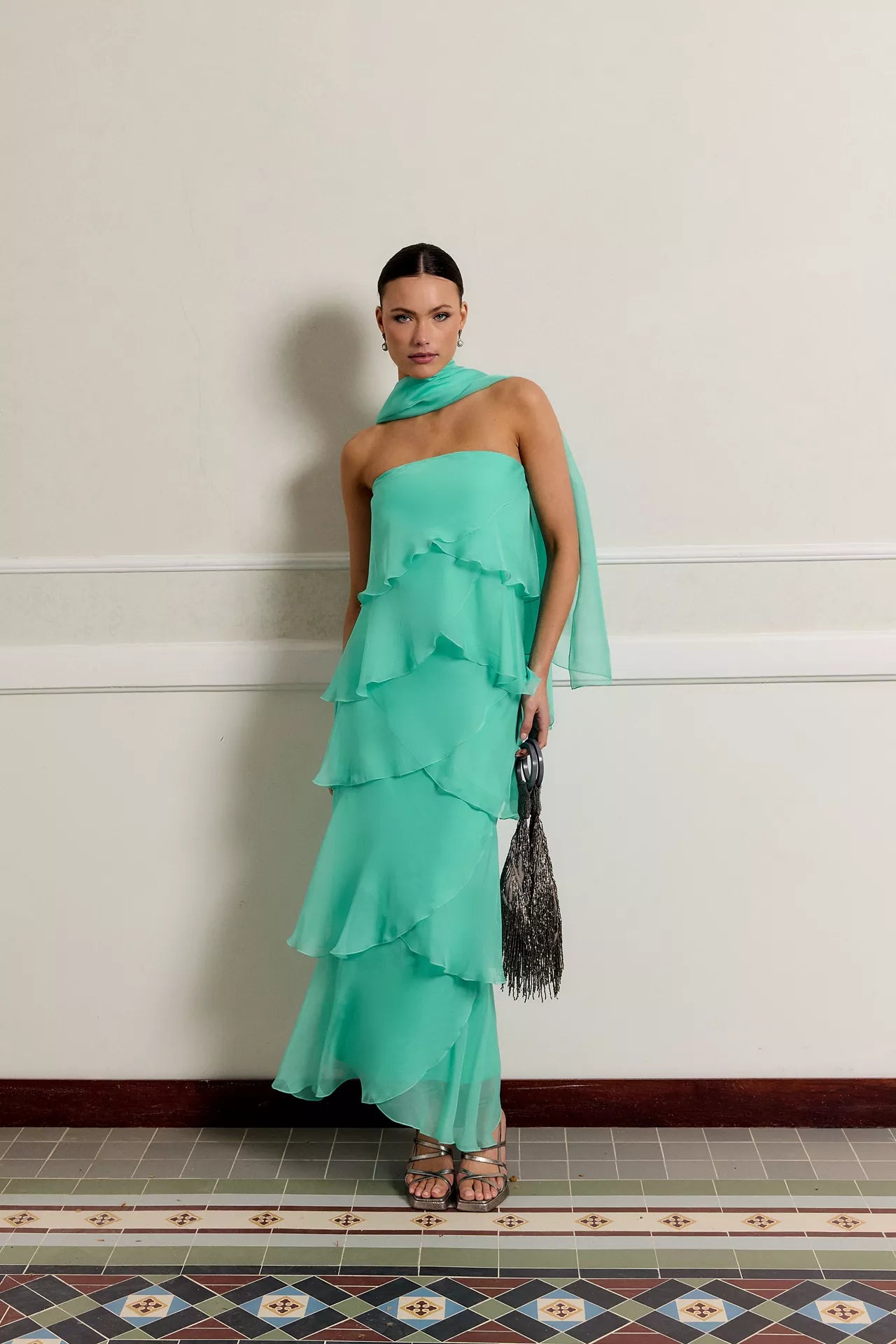 MIPHAI Vestido Khayal Volantes Verde Agua Invitada