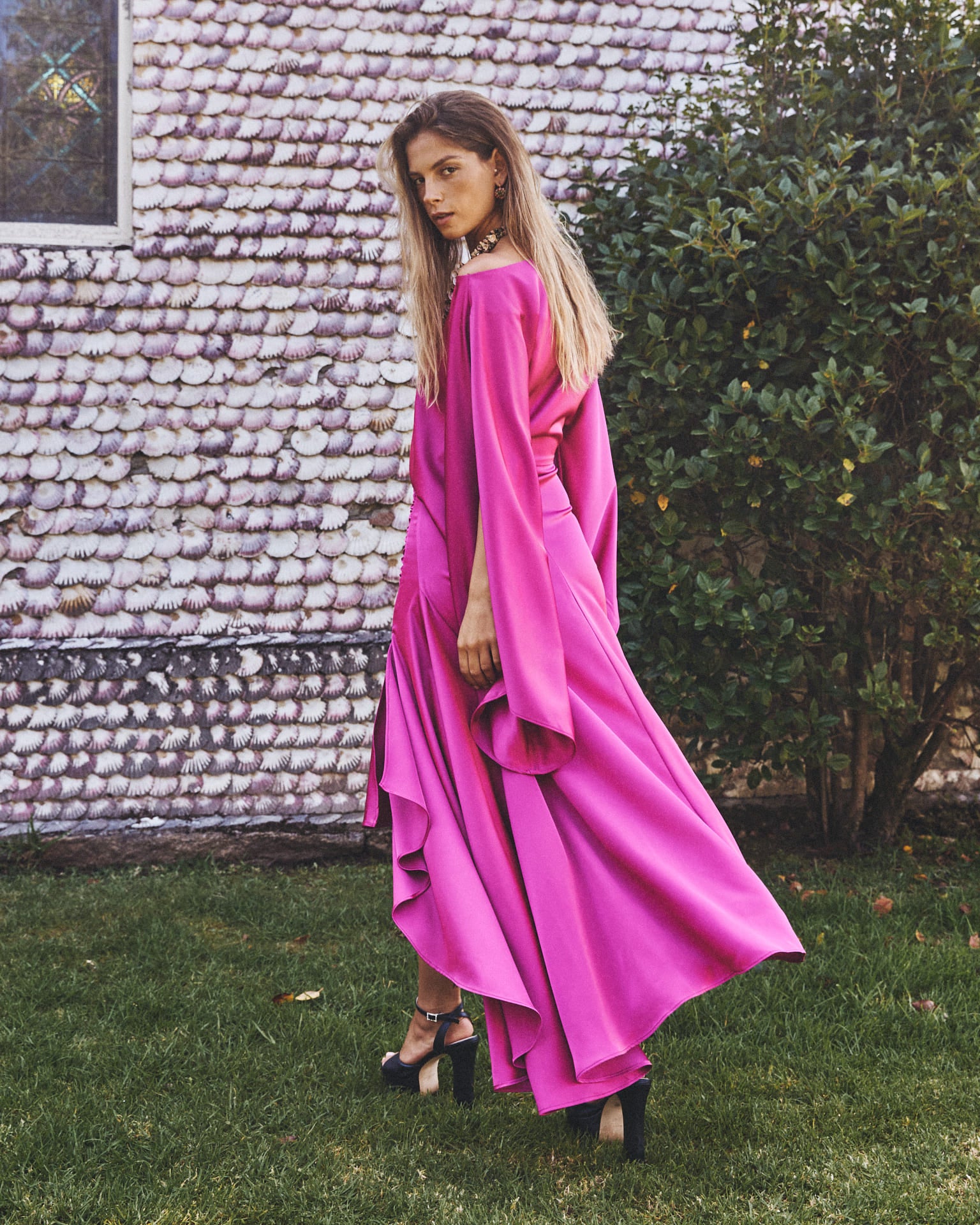 Vestido Invitada Asimétrico Aldara Vestido de fiesta Buganvilla fruncido