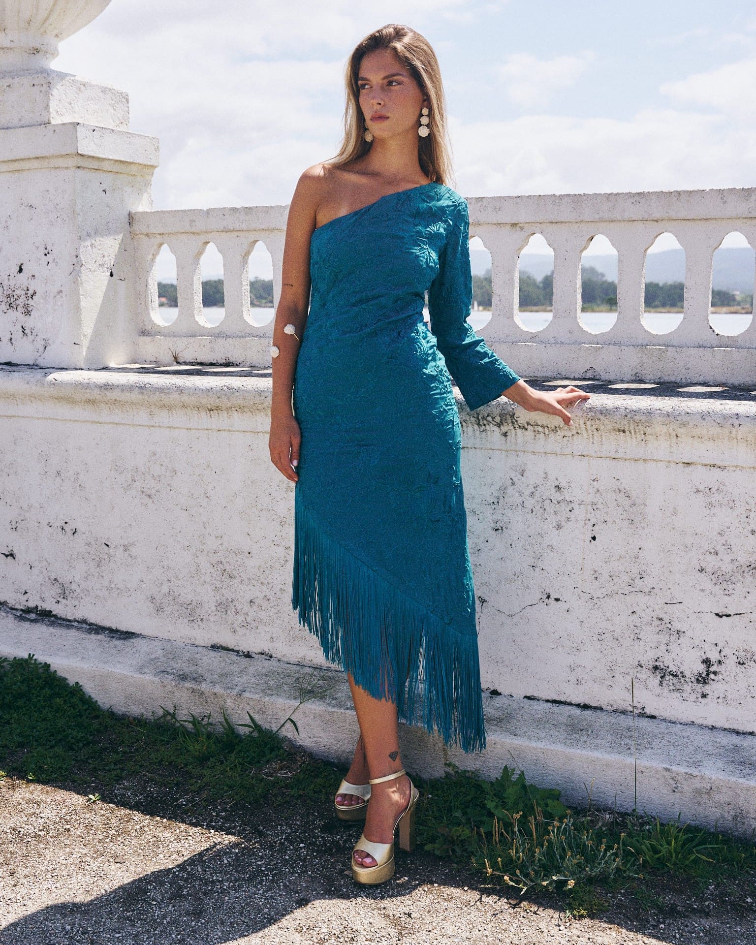 Vestido Invitada midi Xulia Vestido de fiesta Turquesa asimétrico