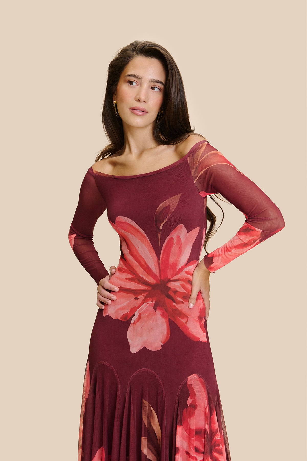 Vestido Lucila Estampado Floral Granate
