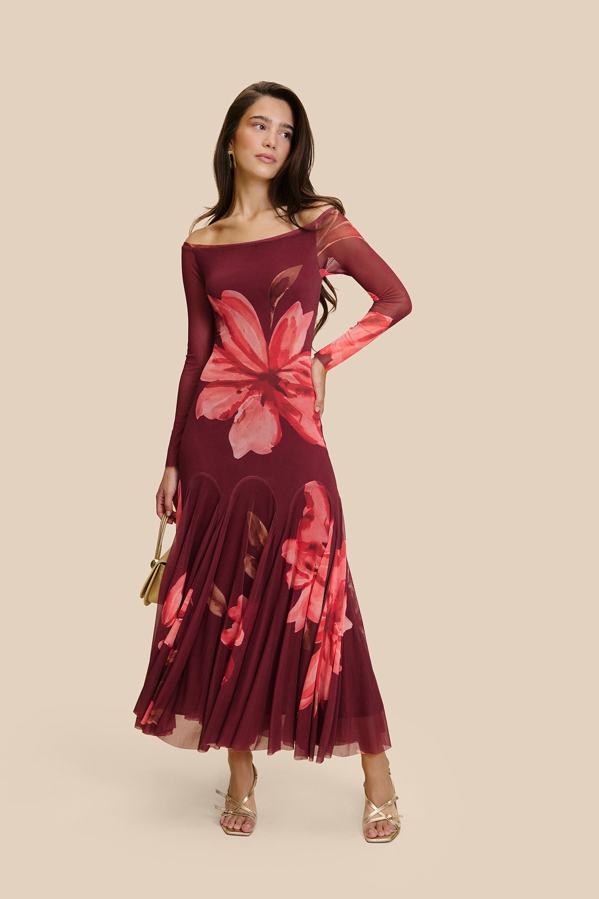 Vestido Lucila Estampado Floral Granate