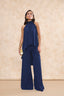Conjunto top Nabil Azul Marino con top halter fluido y Pantalón Triana Azul Marino de talle alto Miphai.