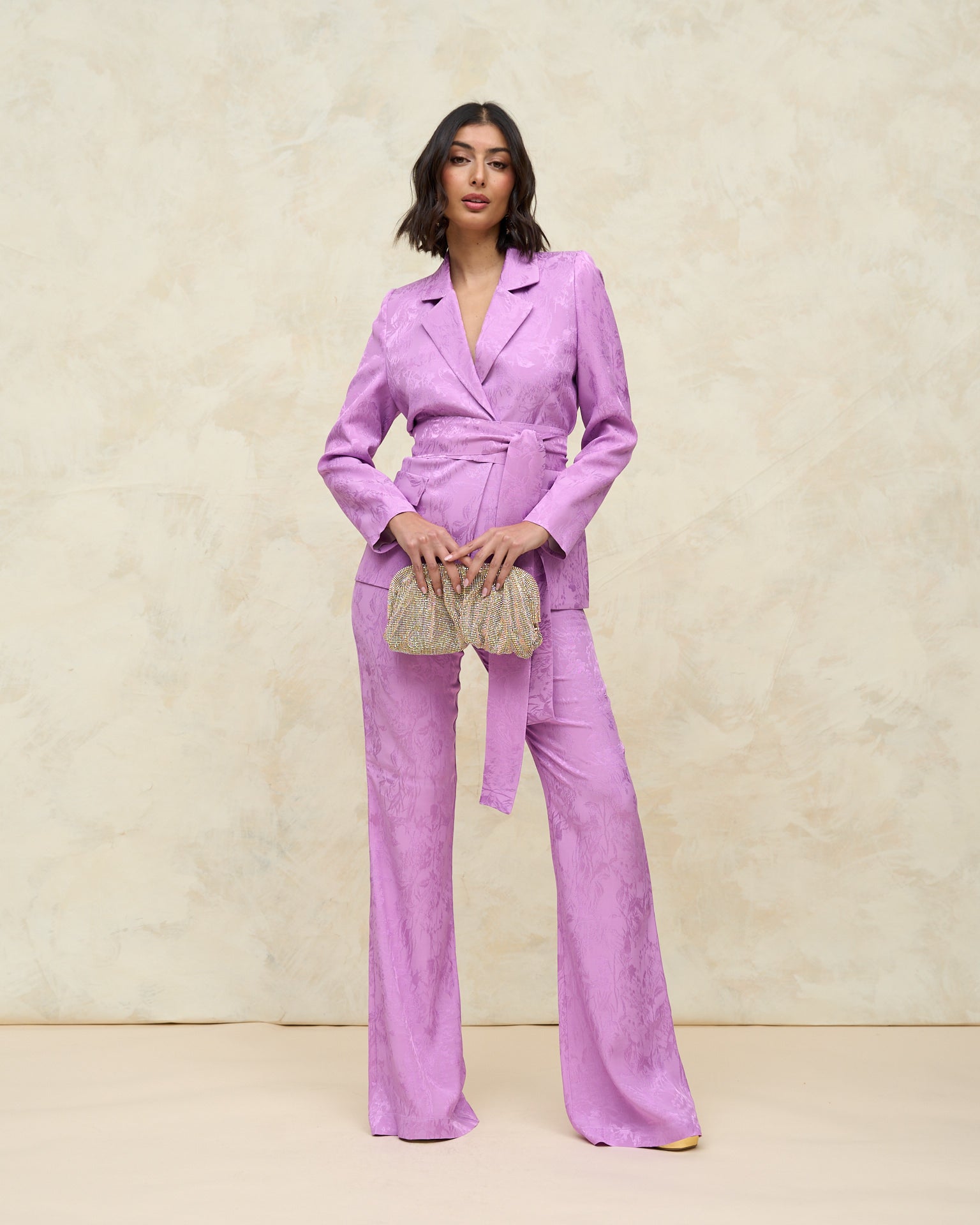 Pantalón invitada fiesta graduación  kate pantalón malva  acampanado tiro alto