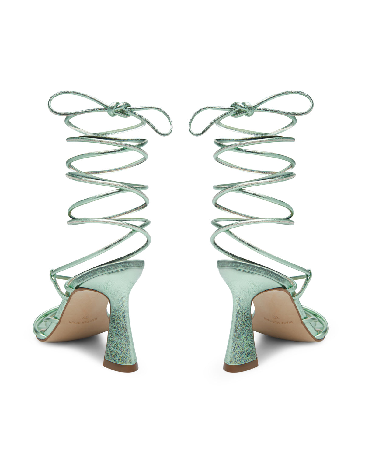 Sandalia evento fiesta  Cairo de piel Verde Jade tiras  tacón ancho sin plataforma talón descubierto