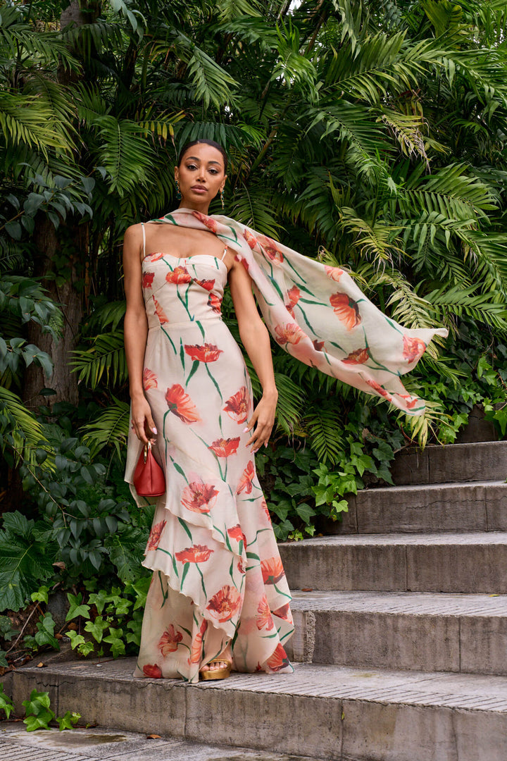 Georgina Floral Print Satin Set - Cream