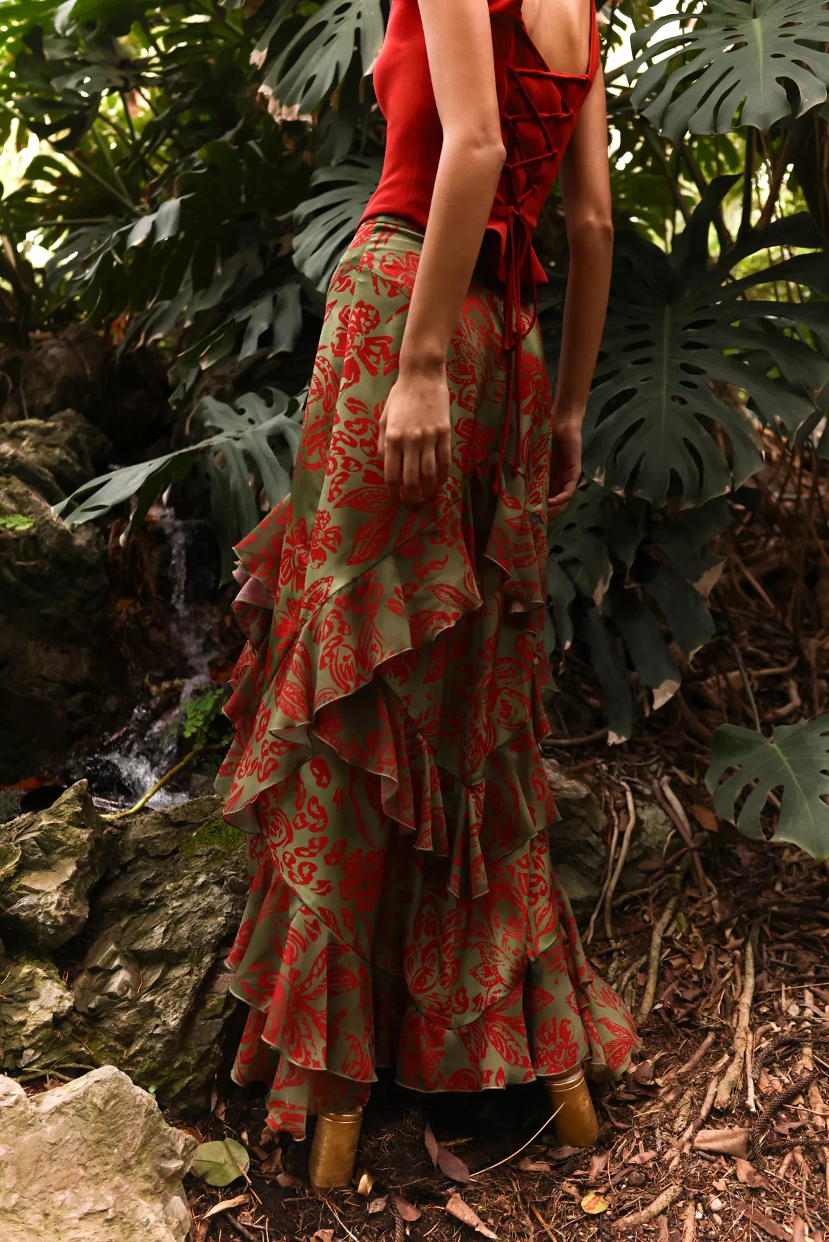 MIPHAI Falda Yara Estampado Verde Invitada