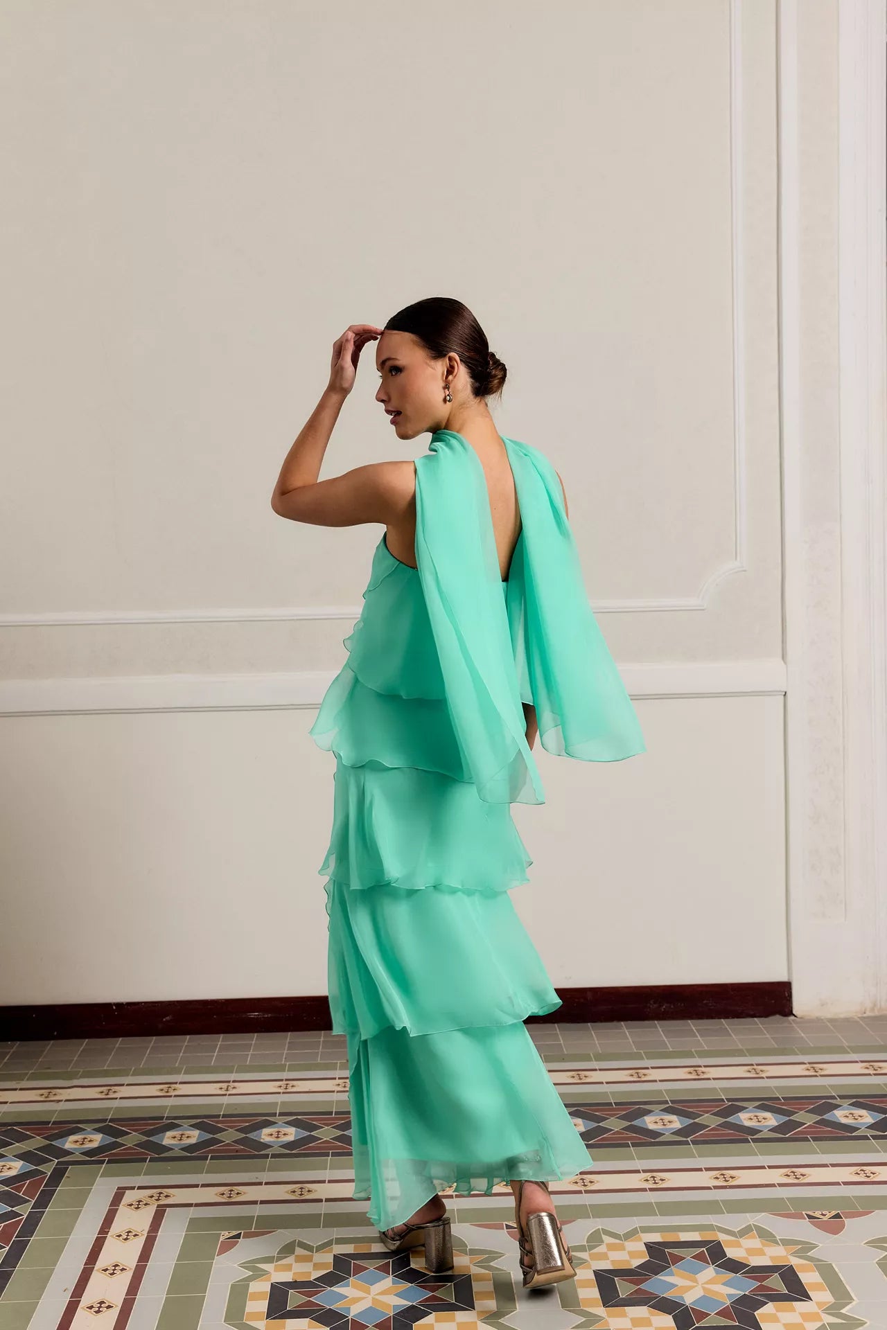 MIPHAI Vestido Khayal Volantes Verde Agua Invitada