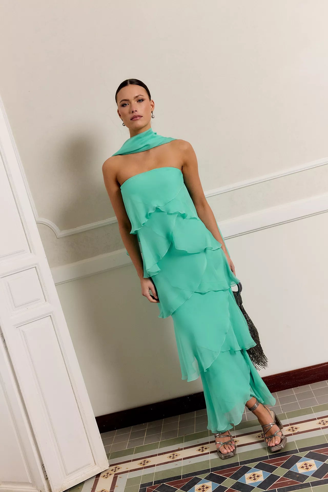 MIPHAI Vestido Khayal Volantes Verde Agua Invitada