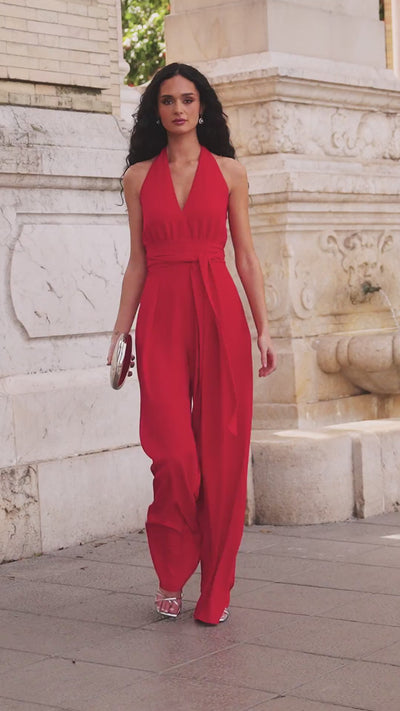 Mono Astible en crepé Rojo, con cuello halter, escote en V y pantalón de pata elefante