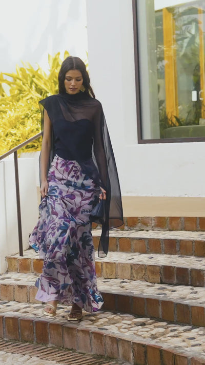 Falda Marea Estampado Morado de talle alto y tres volantes superpuesto