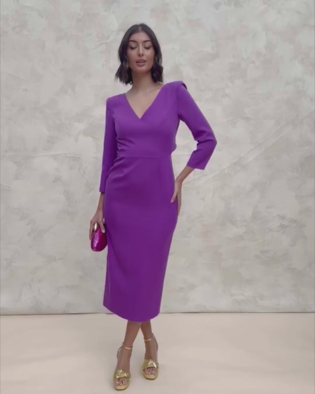 Vestido Marina Morado Midi Manga Larga Escote Pico Invitada Evento Miphai Espalda