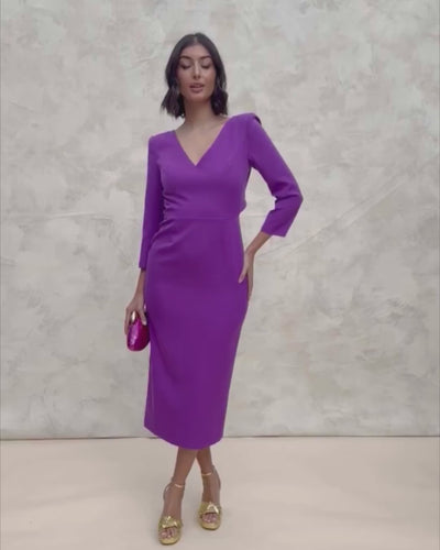 Vestido Marina Morado Midi Manga Larga Escote Pico Invitada Evento Miphai Espalda