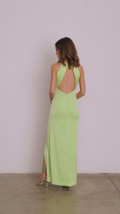 
Vestido Invitada  Megan Lima largo espalda abierta abertura pierna cuello halter 
