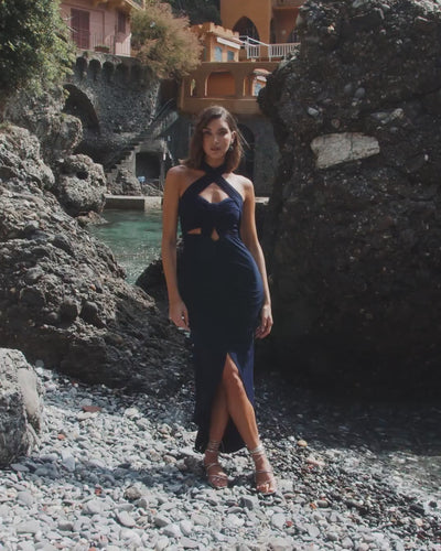 Vestido fiesta evento  Giovanna Marino midi asimétrico drapeado escote cruzado